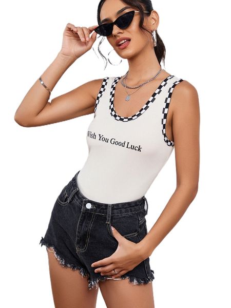 

checkered & slogan graphic contrast binding tank p7lf#, White