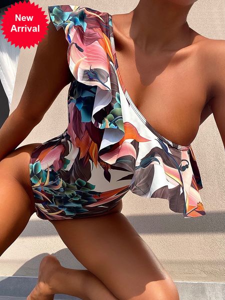 

plavky 2022 women floral one shoulder ruffle swimsuit one piece bodysuit sexi swimwear bathing suit beach swim monokini, White;black