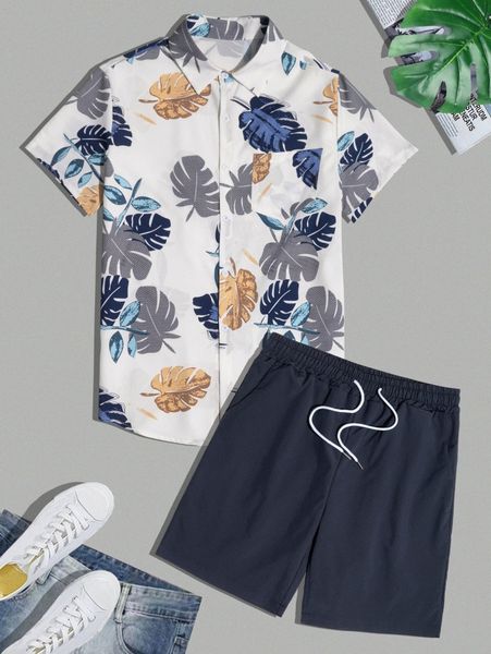 

men tropical print shirt & drawstring waist shorts k0ue#, Gray