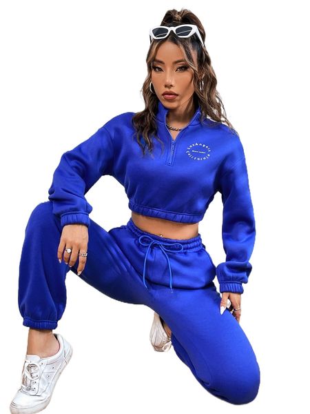 

letter graphic half zipper pullover & sweatpants d4ki#, White