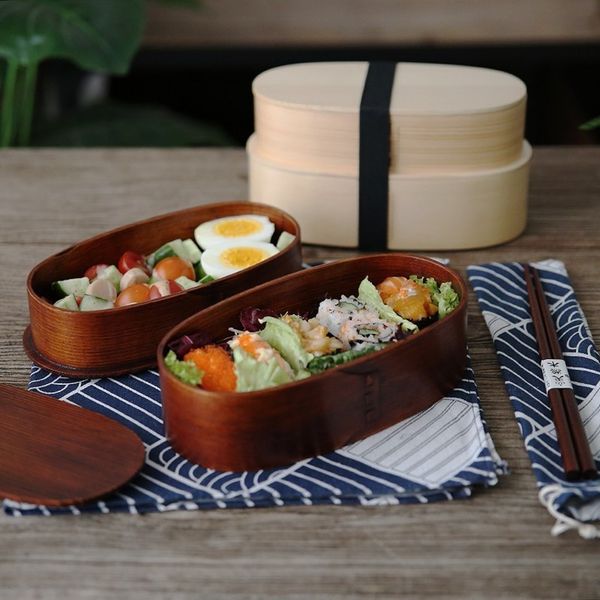Holz-Lunch-Bento-Box im japanischen Stil, doppelschichtiges Geschirr, Arbeiter, Studenten, Picknick, Salat, tragbarer runder Behälter, Geschirr