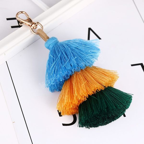 

fashion 3 layer gradient alloy tassel keychain diy handmade charm women bag pendant colorful pom pom key chain accessories, Silver
