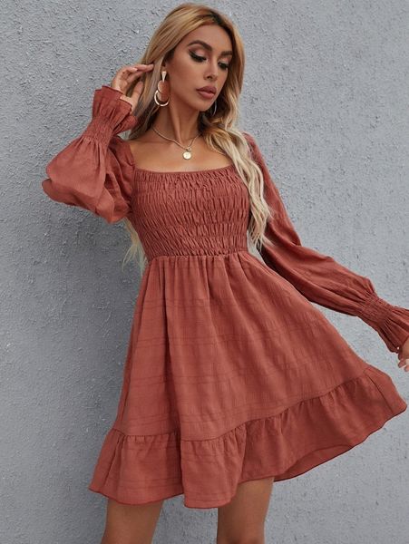 

shirred bodice ruffle hem dress 65m4#, Black;gray