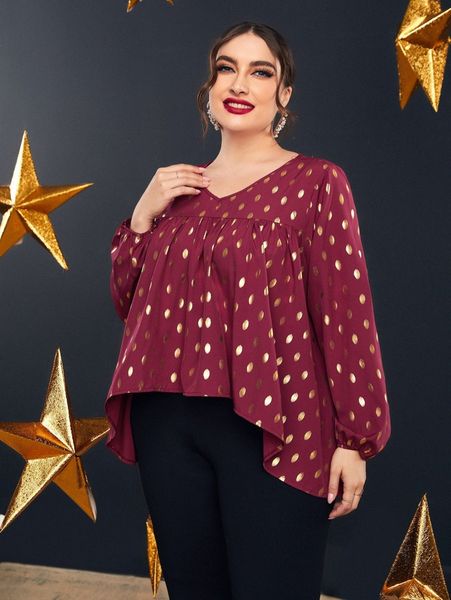 

plus gold dot print lantern sleeve high low hem blouse l82m#, Black