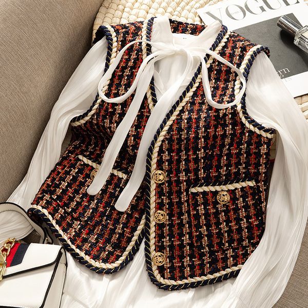 

red tweed vest womens fashion short cardigan vests allmatching celebrity style plaid fringe waistcoat for women 201031, Black;white