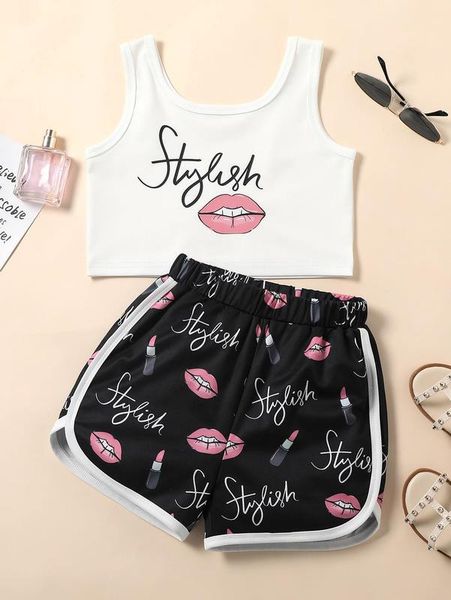 

girls lip & letter graphic tank & shorts she, White