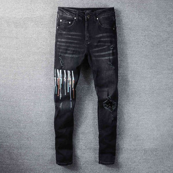 

men's jeans fashion high street fashion brand heavy industry washing water worn holes graffiti elastic slim fit small feet youth person, Blue