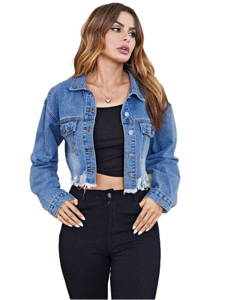 

ripped raw trim drop shoulder denim jacket z5bl#, Black;brown