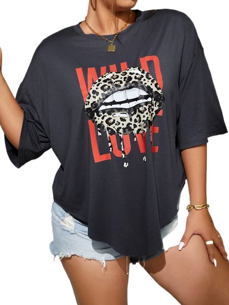 

plus lip & letter graphic drop shoulder tee n8g1#, Black