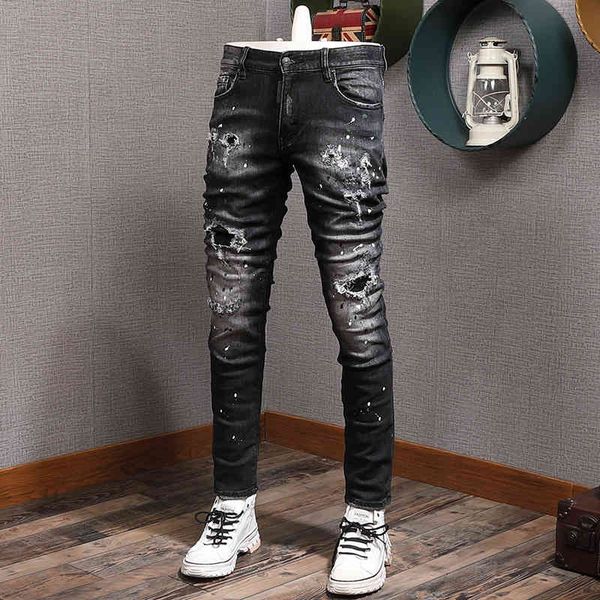 

men's jeans high street fashion brand hole patch cat beard splashing ink men's slim fit small feet versatile washed youth cowboy p, Blue