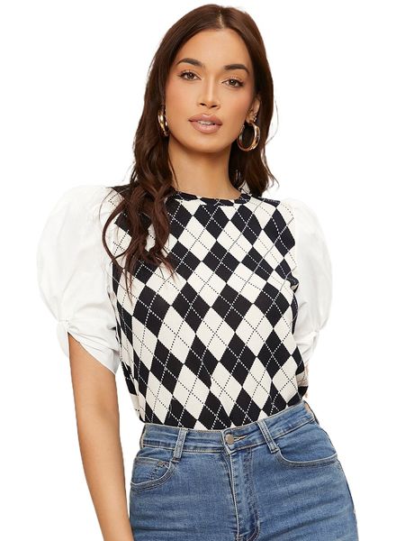 

colorblock argyle print puff sleeve h4nx#, White