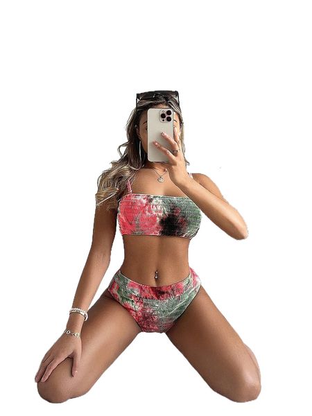 

tie dye smocked bikini swimsuit p2w6#, White;black