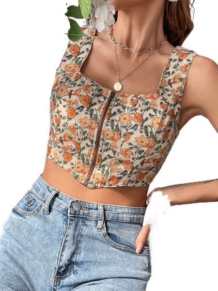 

allover floral print zip-up shirred tank f2rl#, White