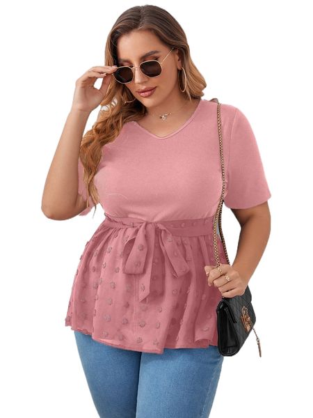 

plus swiss dot peplum hem belted tee s9hg#, Black