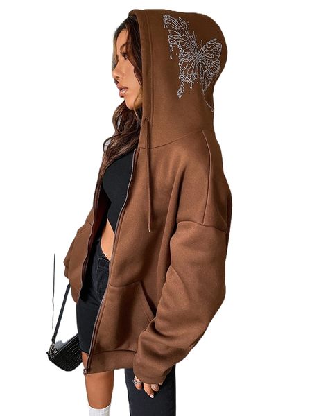 

butterfly print drop shoulder drawstring thermal hoodie 93ba#, Black