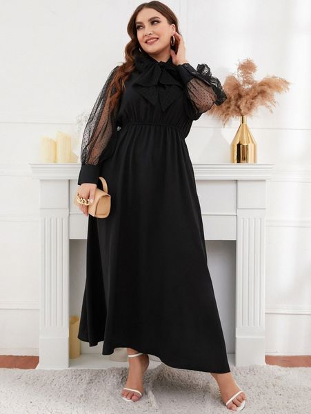 

plus tie neck contrast dobby mesh dress d3ji#, Black