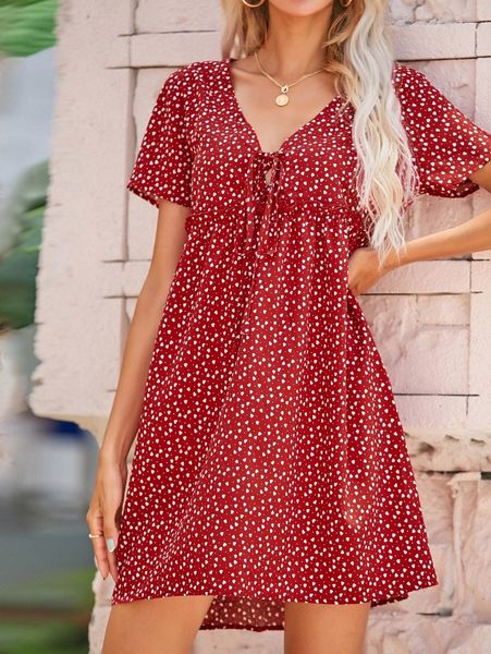 

allover heart print knot front frill trim dress g3sc#, Black;gray