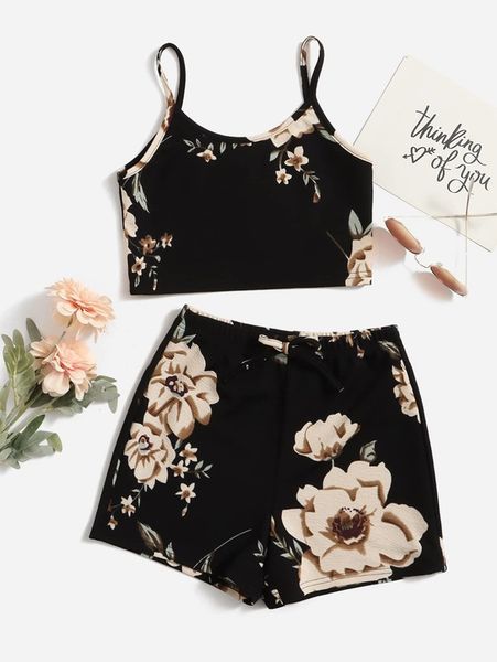 

girls floral print cami & bow front shorts she, White