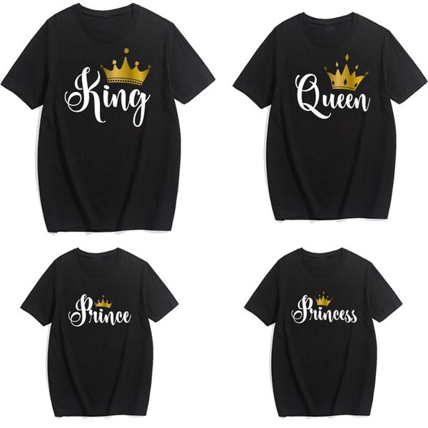 

funny king queen prince princess family matching clothes casual father son mother and daughter shirts gold crown print 220531, Blue