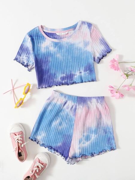 

girls tie dye lettuce trim rib-knit crop & shorts set she, White