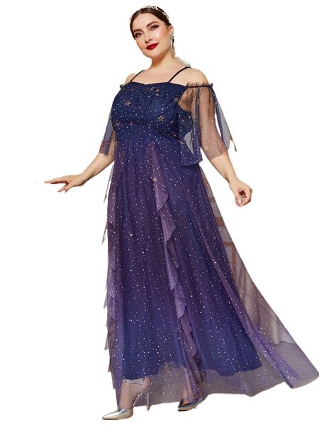 

plus cold shoulder ruffle trim draped mesh formal dress d1vz#, Black