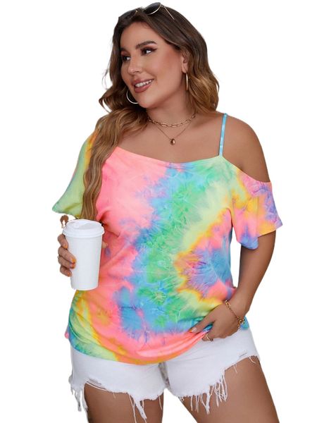 

plus tie dye asymmetrical neck tee v6sx#, Black