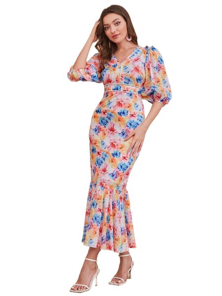 

1pc floral print puff sleeve pearls beaded mermaid hem dress f5pw#, Black;gray