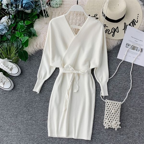 Yornmona elegante manga batwing v vestido branco malha de malha outono inverno mulher feminino vestido de galhetas vestido de escritório