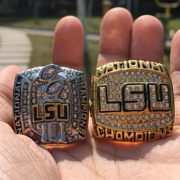 

2pcs 2003 2007 lsu tigers national championship ring set souvenir fan men gift whole drop 251p, Golden;silver