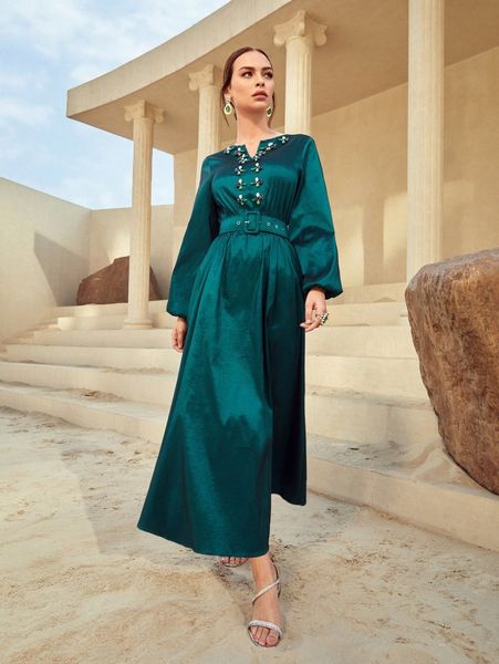 

notched bishop sleeve appliques belted dress t0p8#, Black;gray