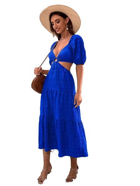 

deep v neck ring cut out ruffle hem dress t5gv#, Black;gray