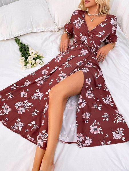 

floral print flounce sleeve wrap hem belted dress p6c9#, Black;gray