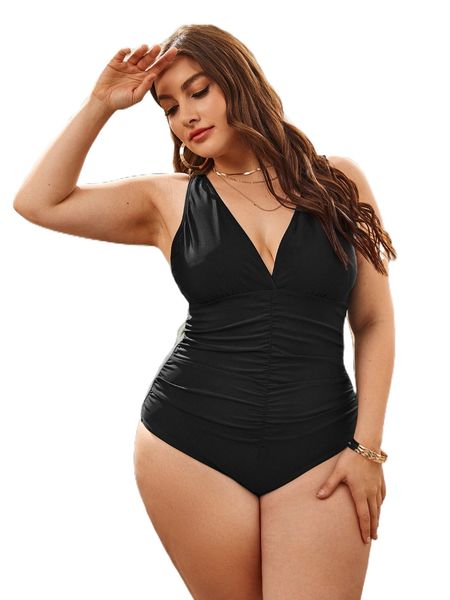 

plus ruched one piece swimsuit l23s#, White;black