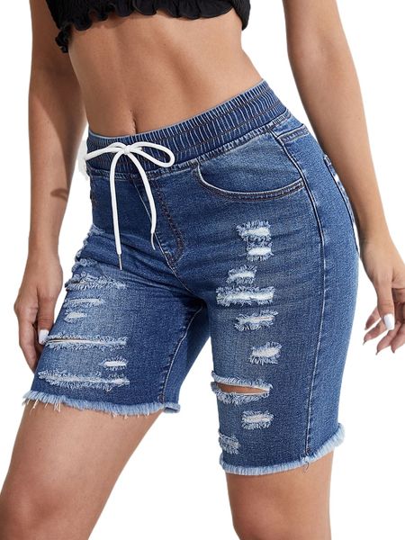 

drawstring waist ripped raw hem denim shorts i8kc#, White;black