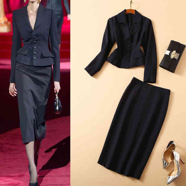 

women's two piece pants temperament commuting professional women's suit autumn single breasted suit jacket medium length skirt two, White