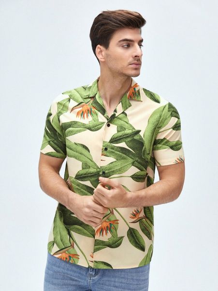 

men tropical print button front shirt 63y8#, White;black