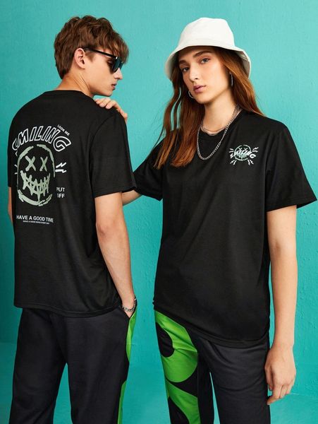 

1pc slogan & expression print tee w7g3#, White;black