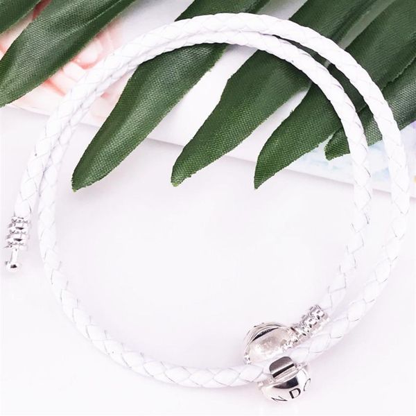 

pandora moments double woven leather bracelet - ivory white authentic 925 sterling silver style jewelry 590745ciw-d bracelet261g, Golden;silver