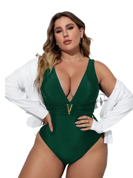 

plus deep v neck ruched one piece swimsuit c8od#, White;black