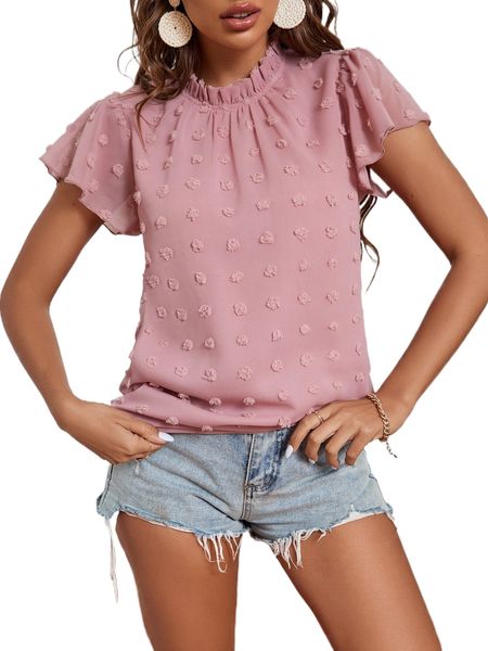 

swiss dot frilled neck backless butterfly sleeve blouse l1ql#, White