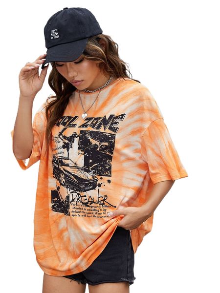 

tie dye slogan & car print drop shoulder tee v2k8#, White