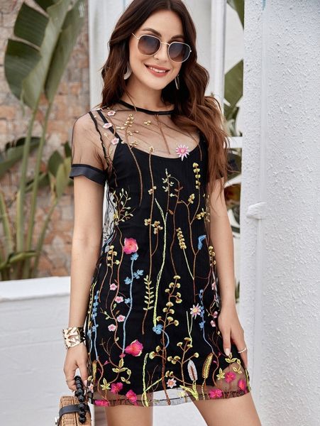 

floral embroidery mesh dress without camisole f8xg#, Black;gray