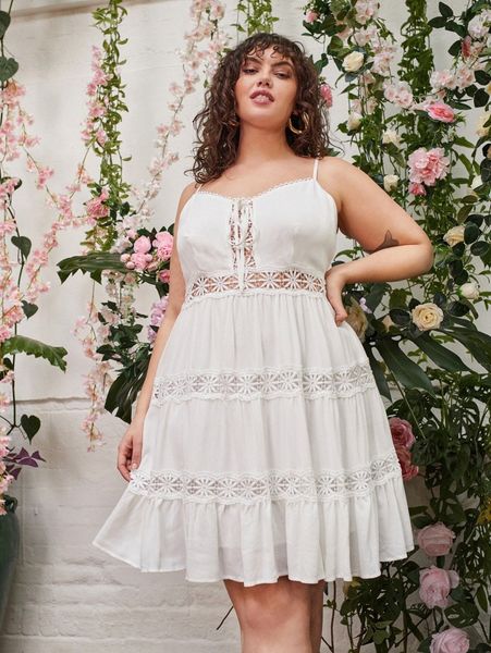 

plus tie front guipure lace paneled cami dress s02b#, Black