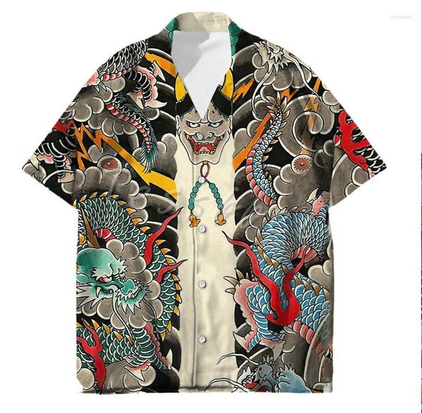 Camicie casual da uomo Camicia hawaiana da uomo per uomo Samurai Tatuaggio giapponese 3d Stampato Moda Estate Harajuku Camicetta oversize da uomo