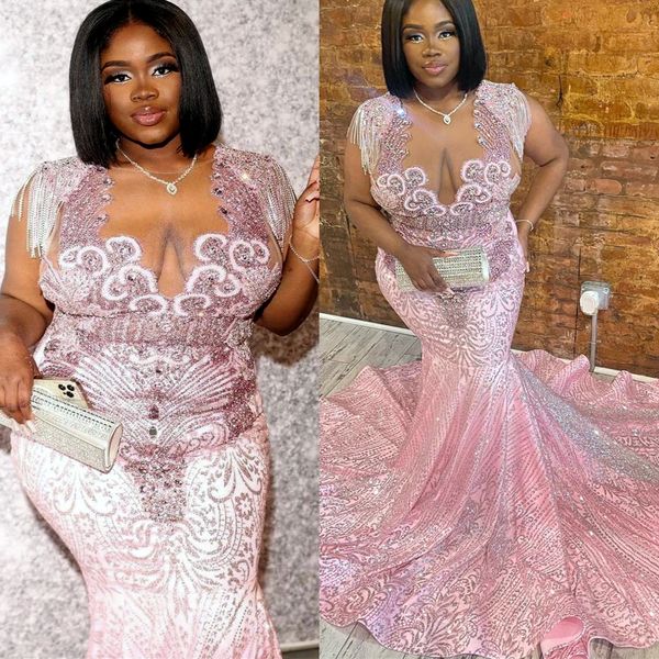 2022 Plus Size Arabic Aso ebi Pink Resemaid Роскошные выпускные платья