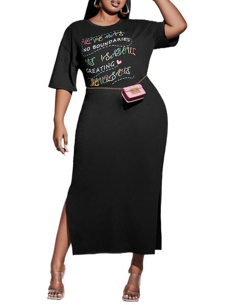 

plus letter graphic drop shoulder split hem dress without belt s0yr#, Black