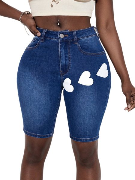 

sxy high stretch heart print denim shorts w2kf#, White;black