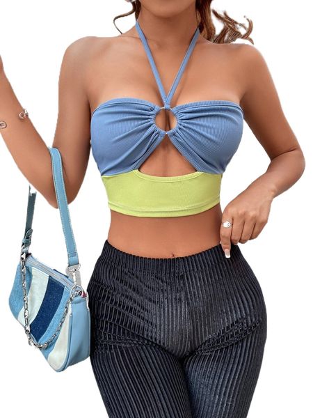 

colorblock o-ring front tied backless crop z4tp#, White