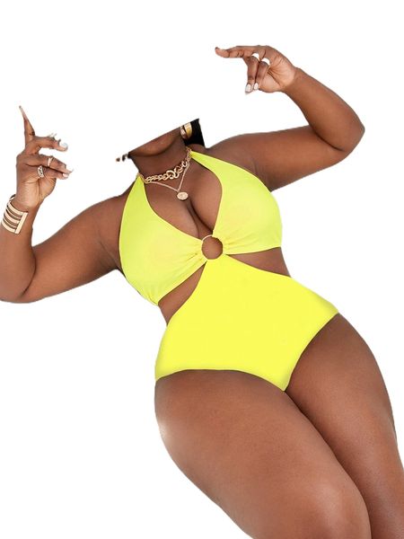 

plus cut-out ring linked backless halter one piece swimsuit d95v#, White;black