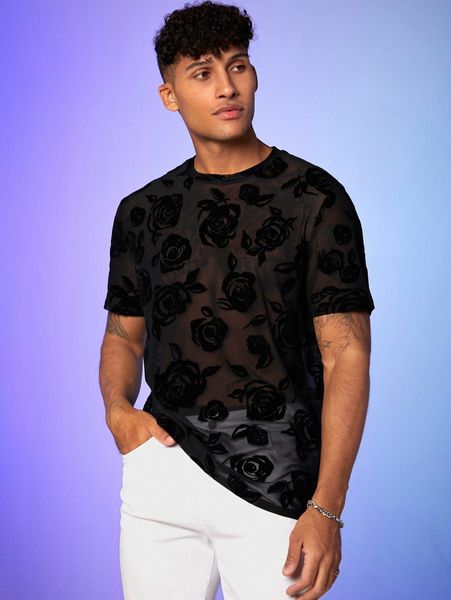 

men floral print sheer tee d3u2#, White;black